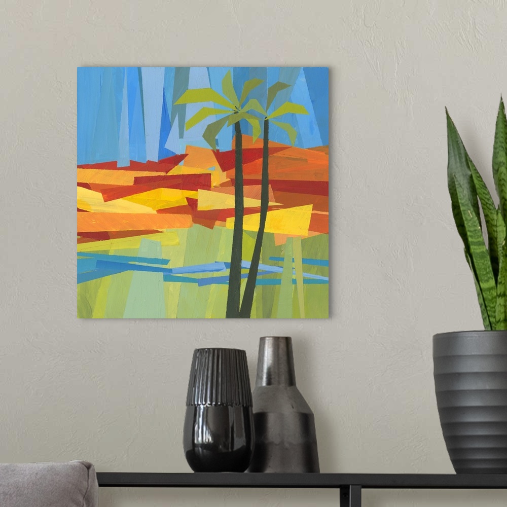 A modern room featuring This was rendered as an original acrylic on wood panel with each band of color being masked off a...