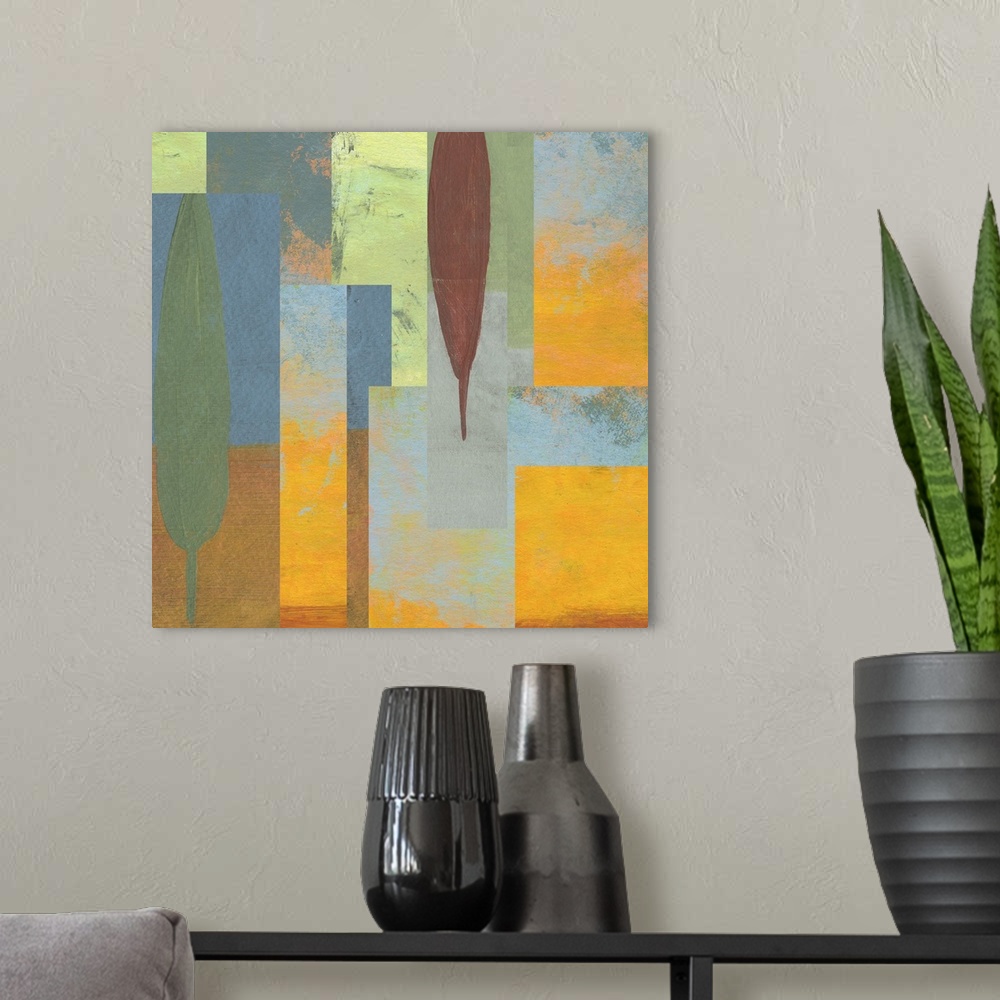 A modern room featuring A tuscan scene woven together with many small paintings. Don't miss their companion pieces.