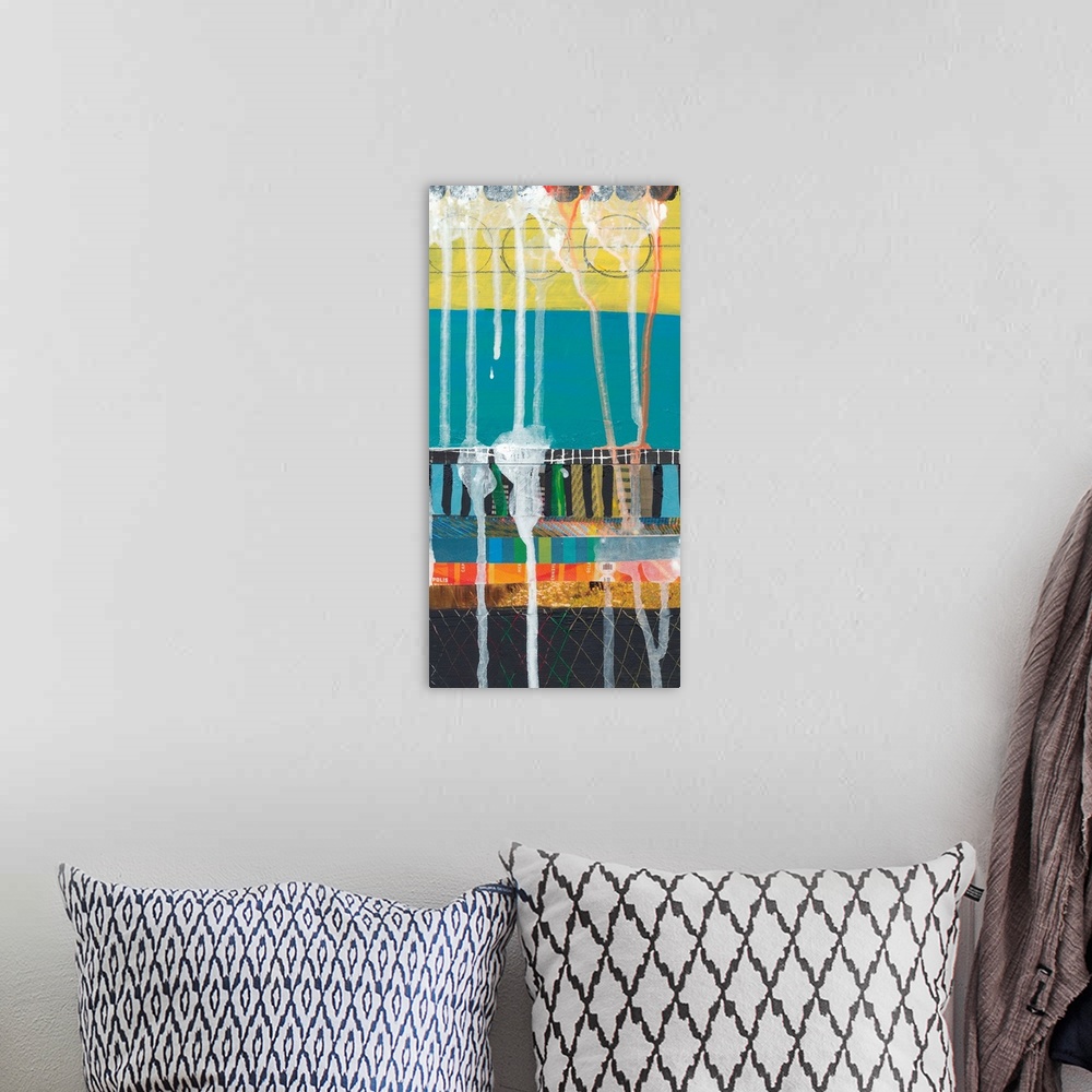 A bohemian room featuring This is a mixed media painting on wood panel and offers shapes in pencil, paint and paper. Drippi...