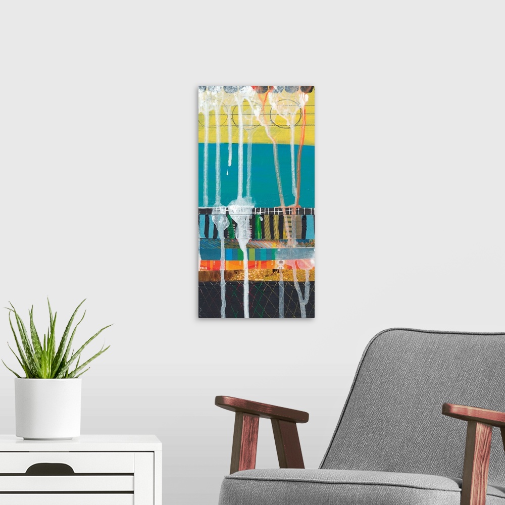 A modern room featuring This is a mixed media painting on wood panel and offers shapes in pencil, paint and paper. Drippi...