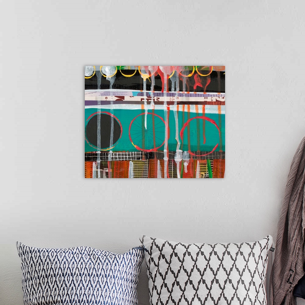 A bohemian room featuring Contemporary mixed media painting on wood panel that offers shapes in pencil, paint and paper. Dr...