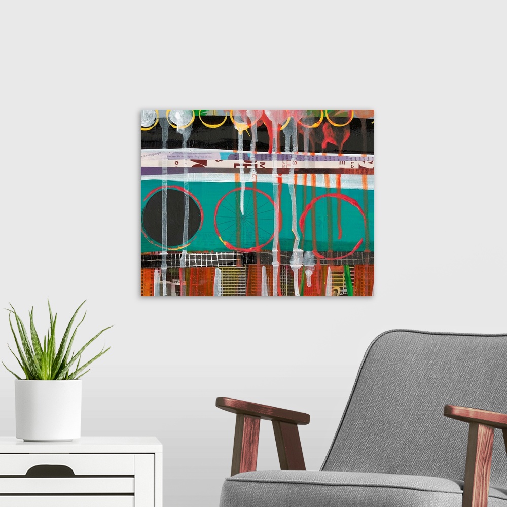 A modern room featuring Contemporary mixed media painting on wood panel that offers shapes in pencil, paint and paper. Dr...