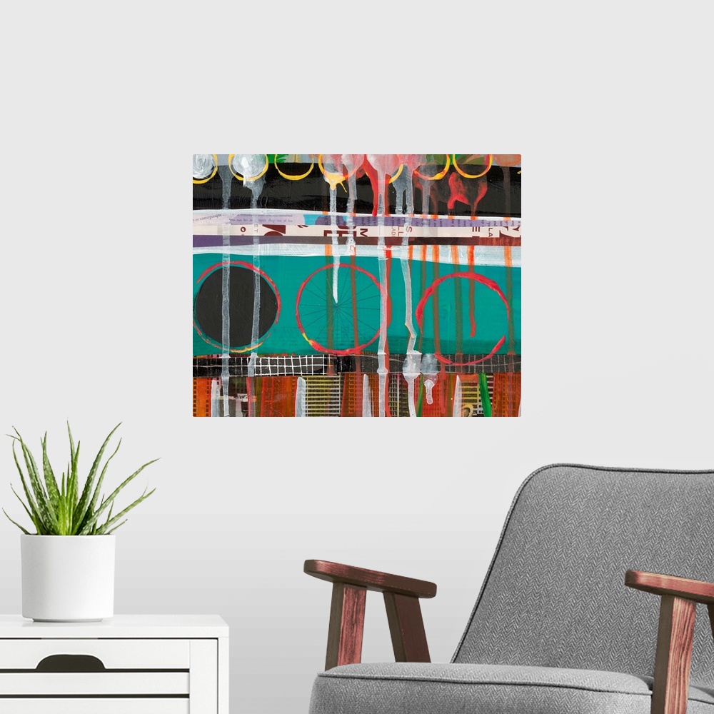 A modern room featuring Contemporary mixed media painting on wood panel that offers shapes in pencil, paint and paper. Dr...