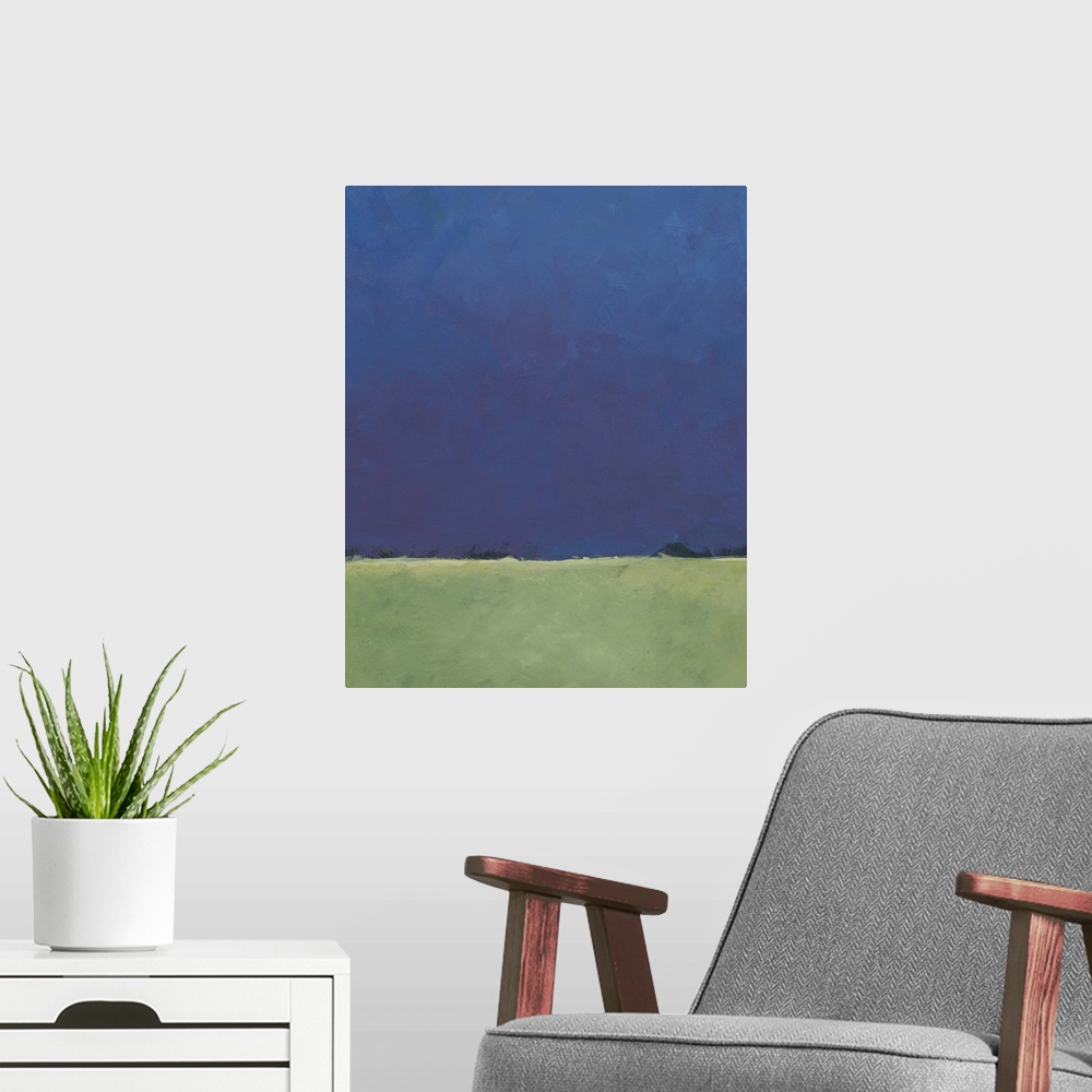 A modern room featuring A deep purple and blue horizon gives way to a soft green foreground in this minimalist landscape....