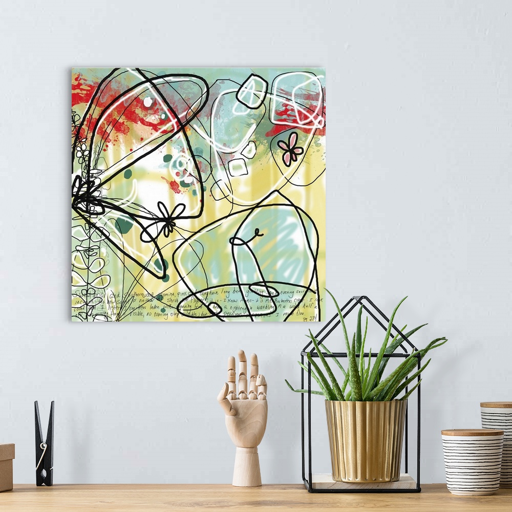 A bohemian room featuring Abstract square painting of outlined scribbles on top of splattered paint and handwriting.