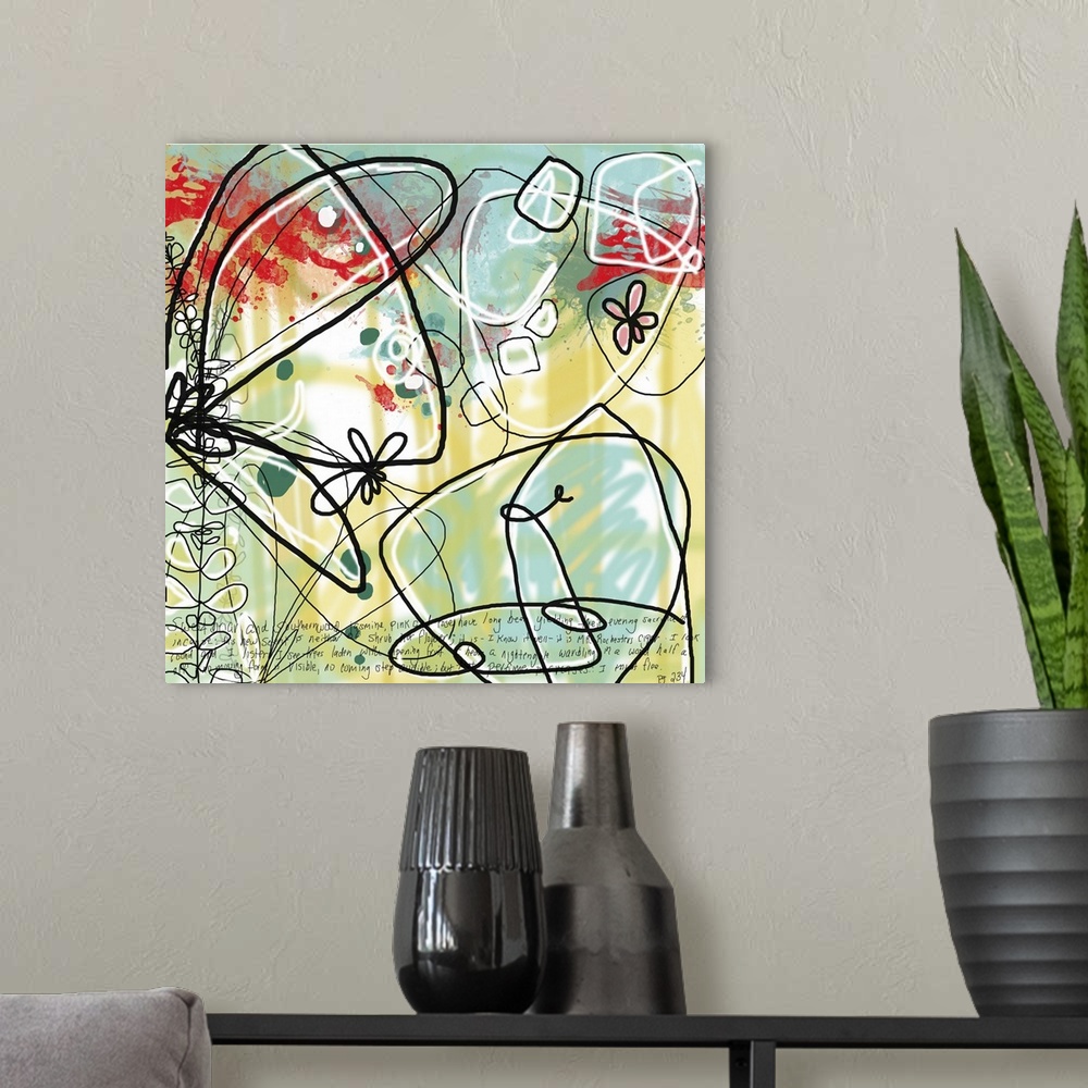 A modern room featuring Abstract square painting of outlined scribbles on top of splattered paint and handwriting.