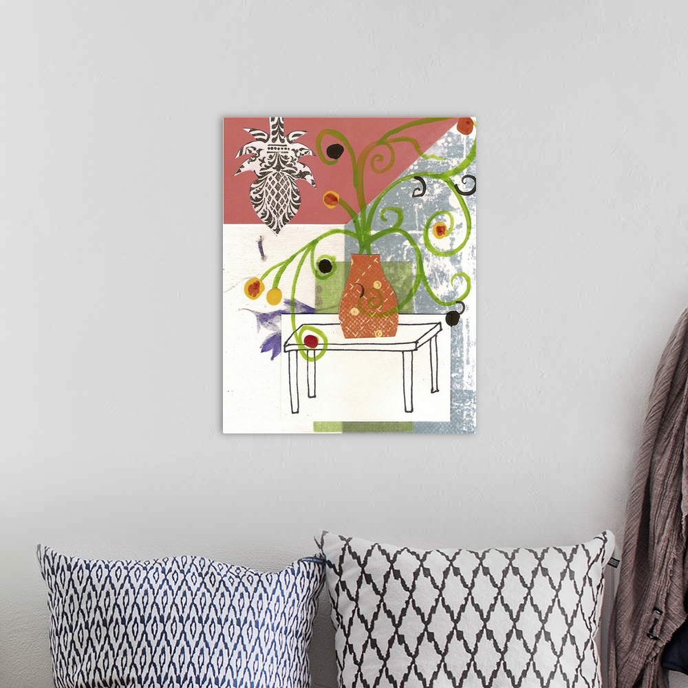 A bohemian room featuring This canvas is a collage of an interior space, originally made with pen and ink, paper, paint and...