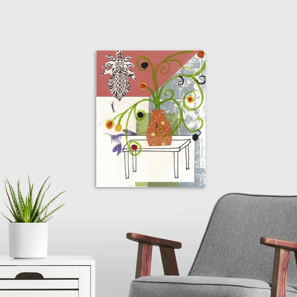 A modern room featuring This canvas is a collage of an interior space, originally made with pen and ink, paper, paint and...