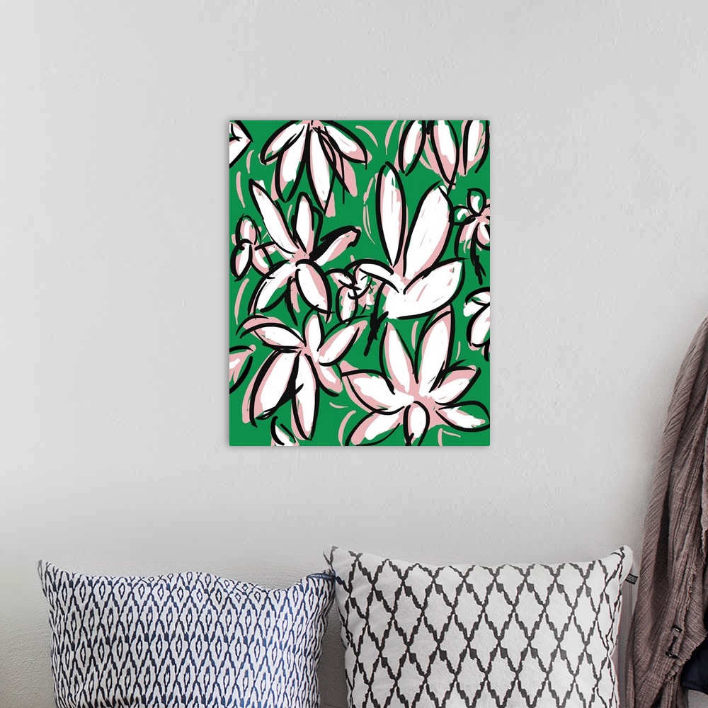 A bohemian room featuring Gestural floral painting of pink and white flowers with dark outlines on green.
