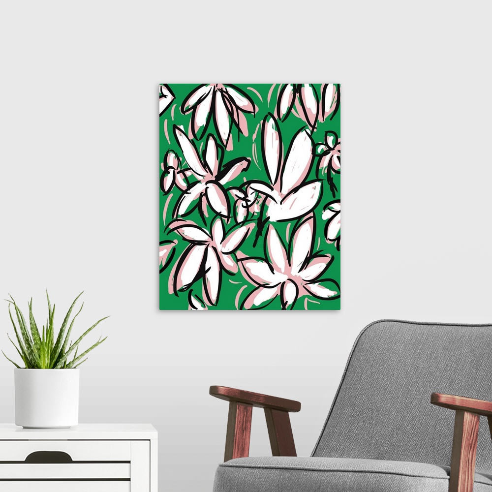 A modern room featuring Gestural floral painting of pink and white flowers with dark outlines on green.