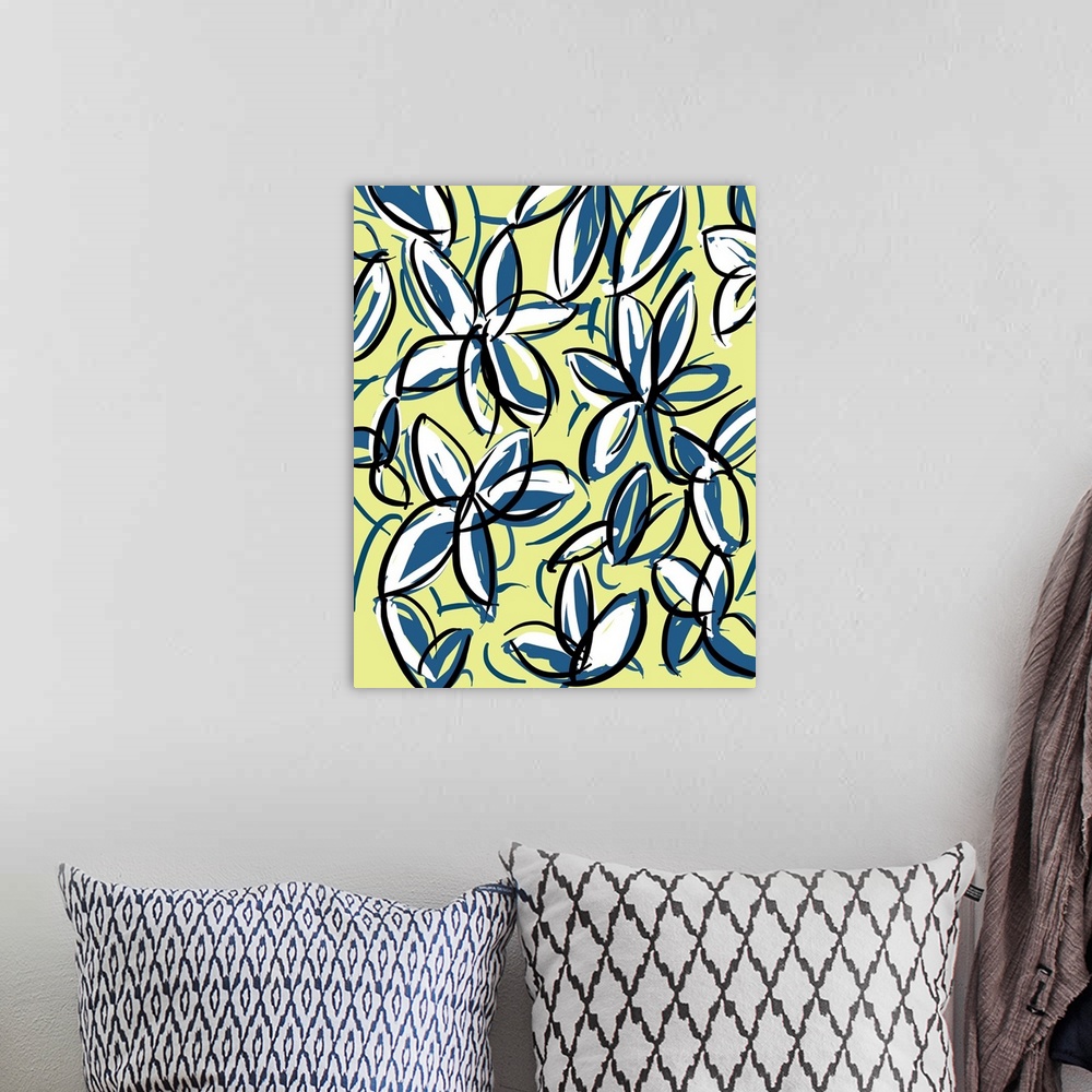 A bohemian room featuring Gestural floral painting of blue and white flowers with dark outlines on yellow.