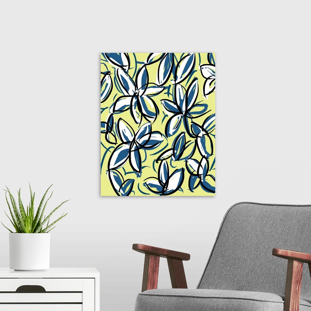 A modern room featuring Gestural floral painting of blue and white flowers with dark outlines on yellow.