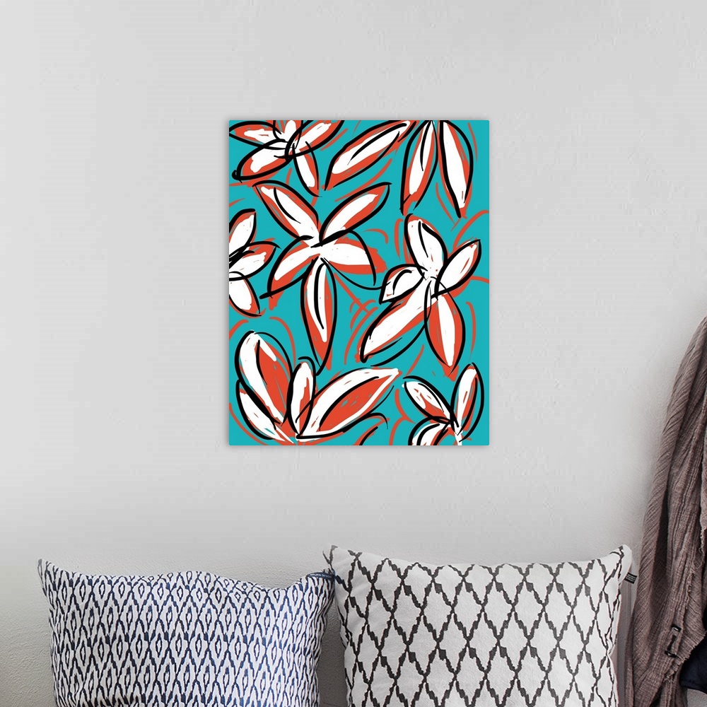 A bohemian room featuring Gestural floral painting of red and white flowers with dark outlines on blue.