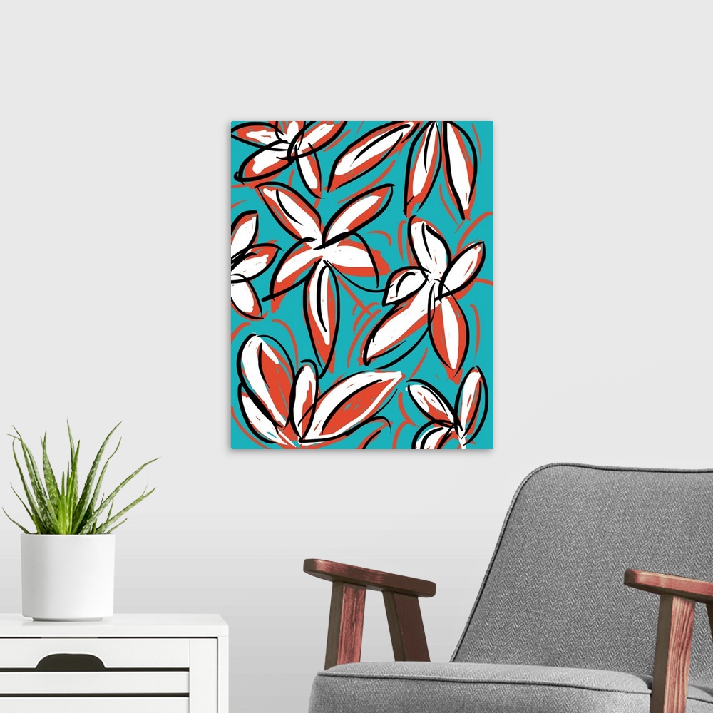 A modern room featuring Gestural floral painting of red and white flowers with dark outlines on blue.