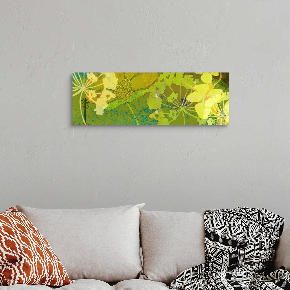 A bohemian room featuring Large artwork for a living room or office that shows layered and translucent flowers against a te...