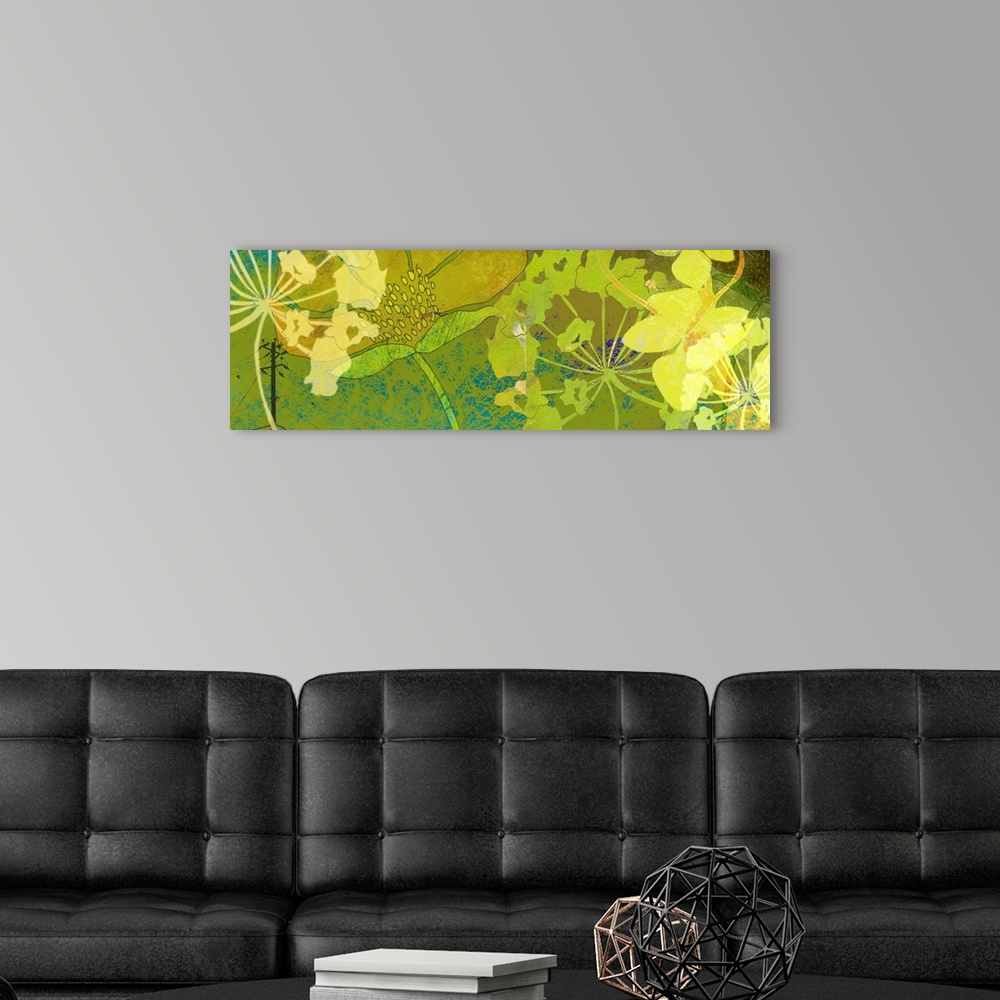 A modern room featuring Large artwork for a living room or office that shows layered and translucent flowers against a te...
