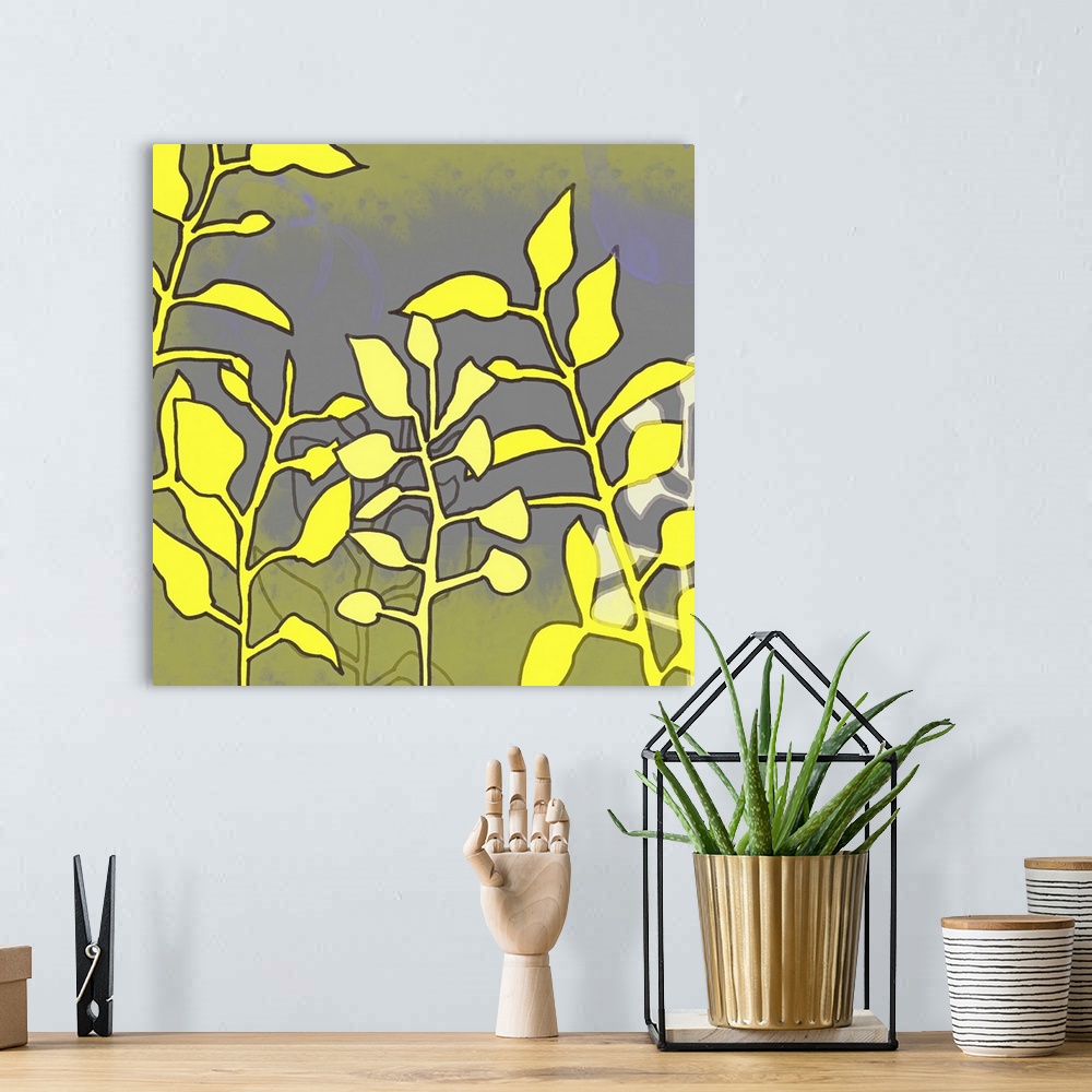 A bohemian room featuring This framed yellow floral art print, set and print on demand canvas art was created from original...