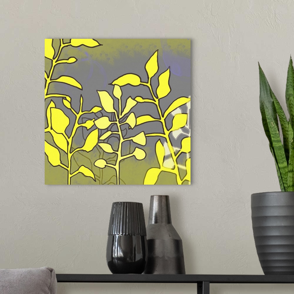 A modern room featuring This framed yellow floral art print, set and print on demand canvas art was created from original...
