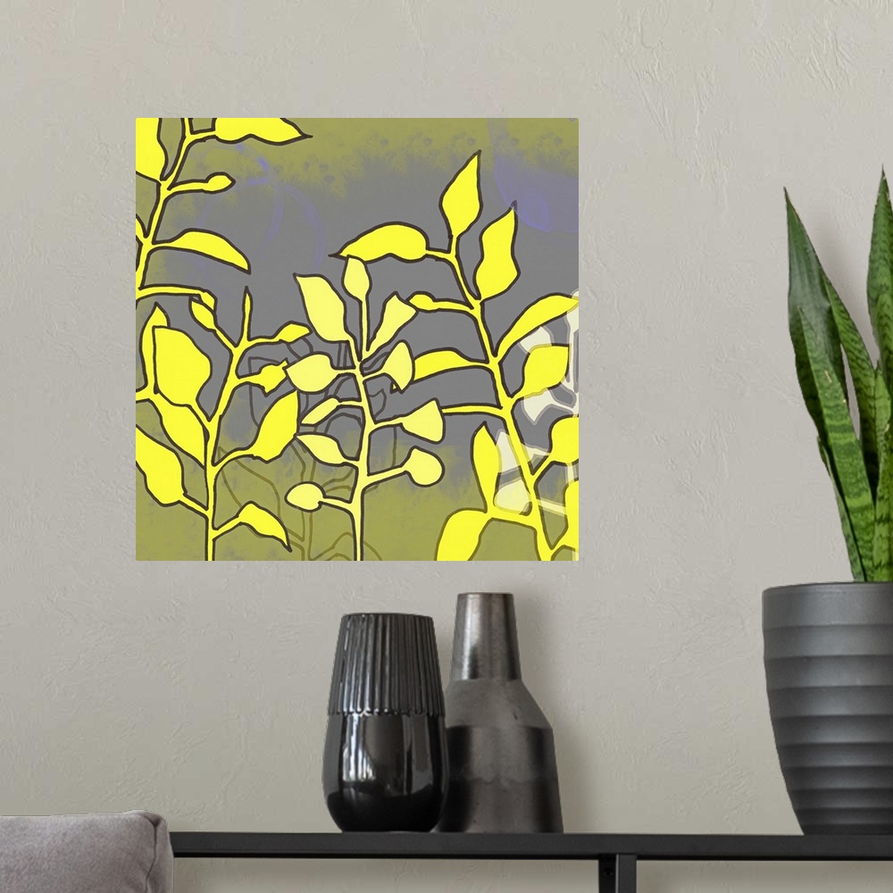 A modern room featuring This framed yellow floral art print, set and print on demand canvas art was created from original...