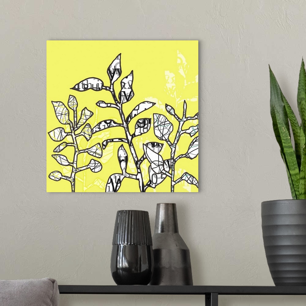 A modern room featuring This framed art print, set and yellow print on demand canvas art is created from original illustr...