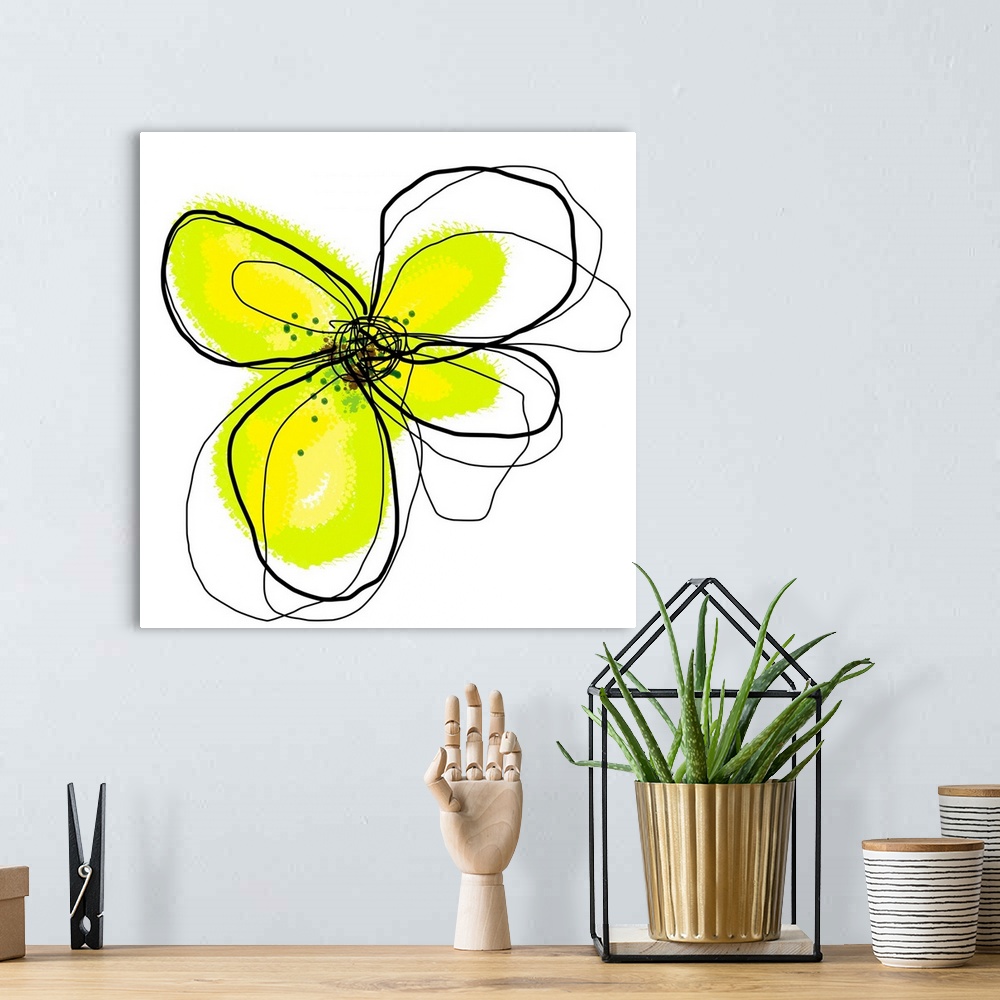 A bohemian room featuring Wall art that is square in shape, this is contemporary painting of a flower illustrated by layeri...