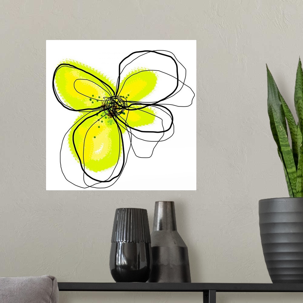 A modern room featuring Wall art that is square in shape, this is contemporary painting of a flower illustrated by layeri...
