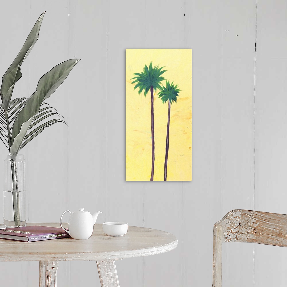 A farmhouse room featuring Contemporary artwork of two tall palm trees with thin trunks against a yellow background.