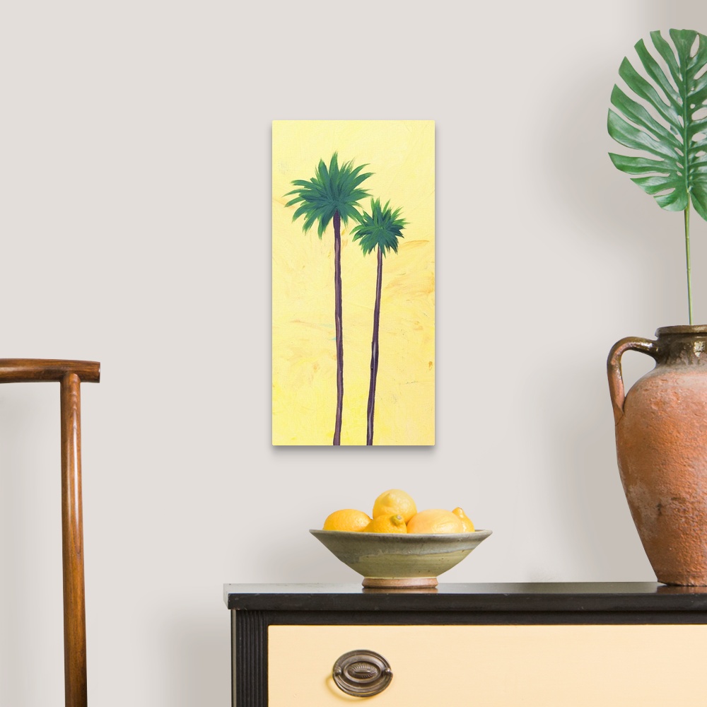 A traditional room featuring Contemporary artwork of two tall palm trees with thin trunks against a yellow background.