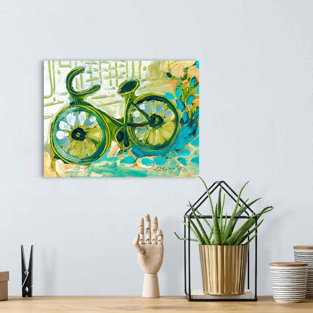 A bohemian room featuring Giant contemporary art focuses on a bike sitting against a building.  Artist uses lots of cool to...
