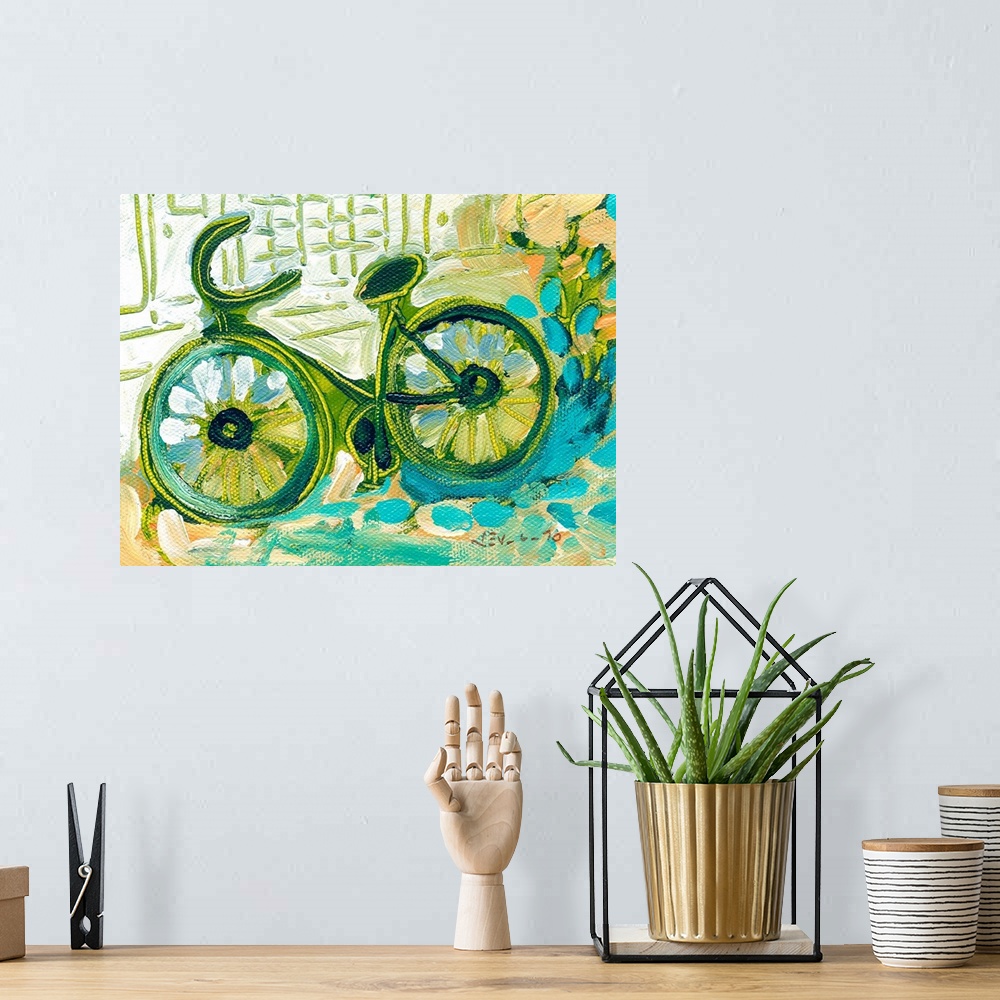 A bohemian room featuring Giant contemporary art focuses on a bike sitting against a building.  Artist uses lots of cool to...