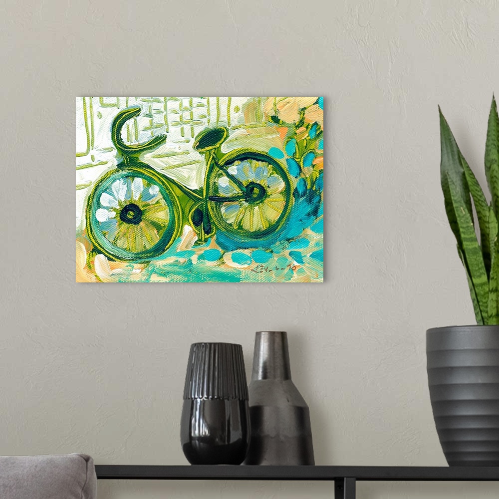 A modern room featuring Giant contemporary art focuses on a bike sitting against a building.  Artist uses lots of cool to...