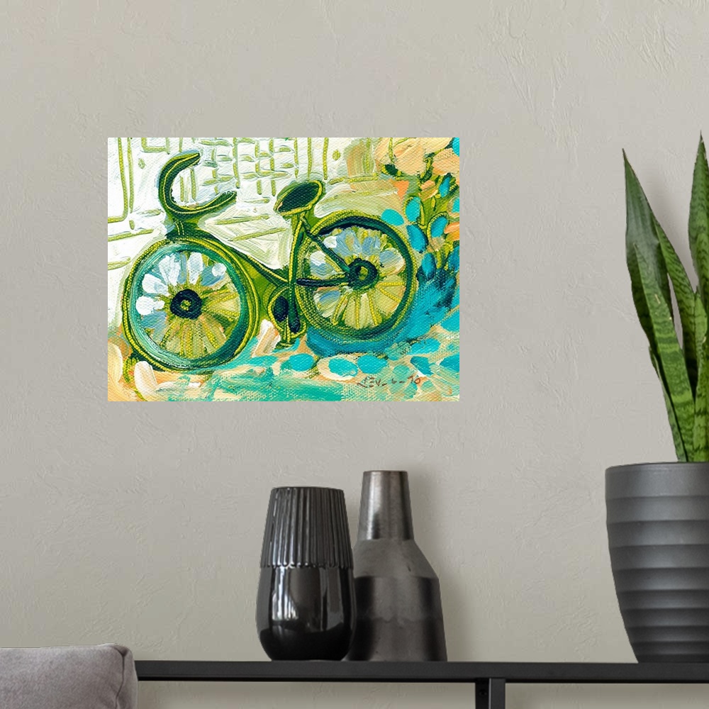 A modern room featuring Giant contemporary art focuses on a bike sitting against a building.  Artist uses lots of cool to...