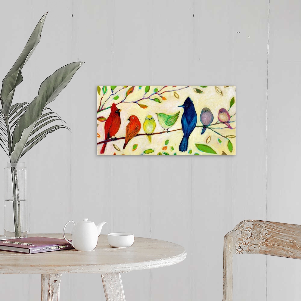 A farmhouse room featuring Seven birds that chromatically shift from warm to cool colors sitting on a tree branch in this de...