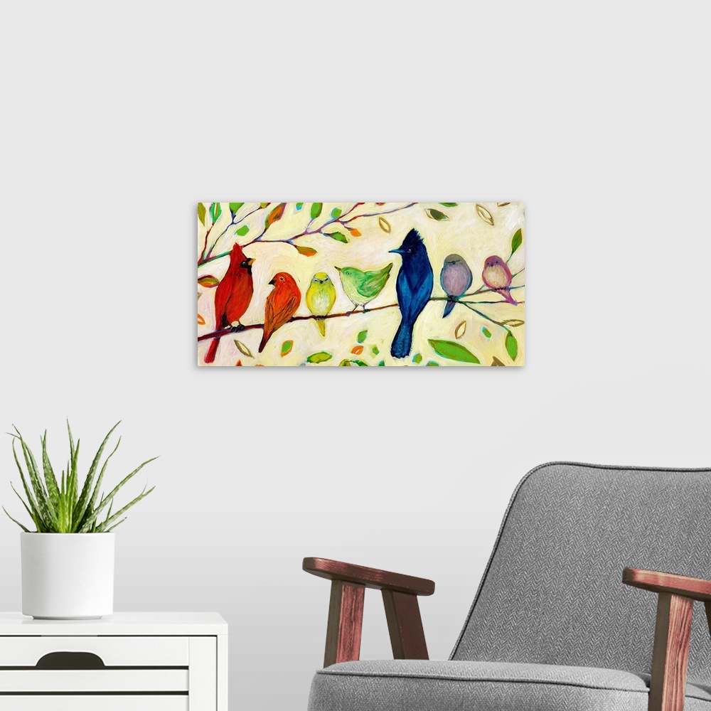 A modern room featuring Seven birds that chromatically shift from warm to cool colors sitting on a tree branch in this de...