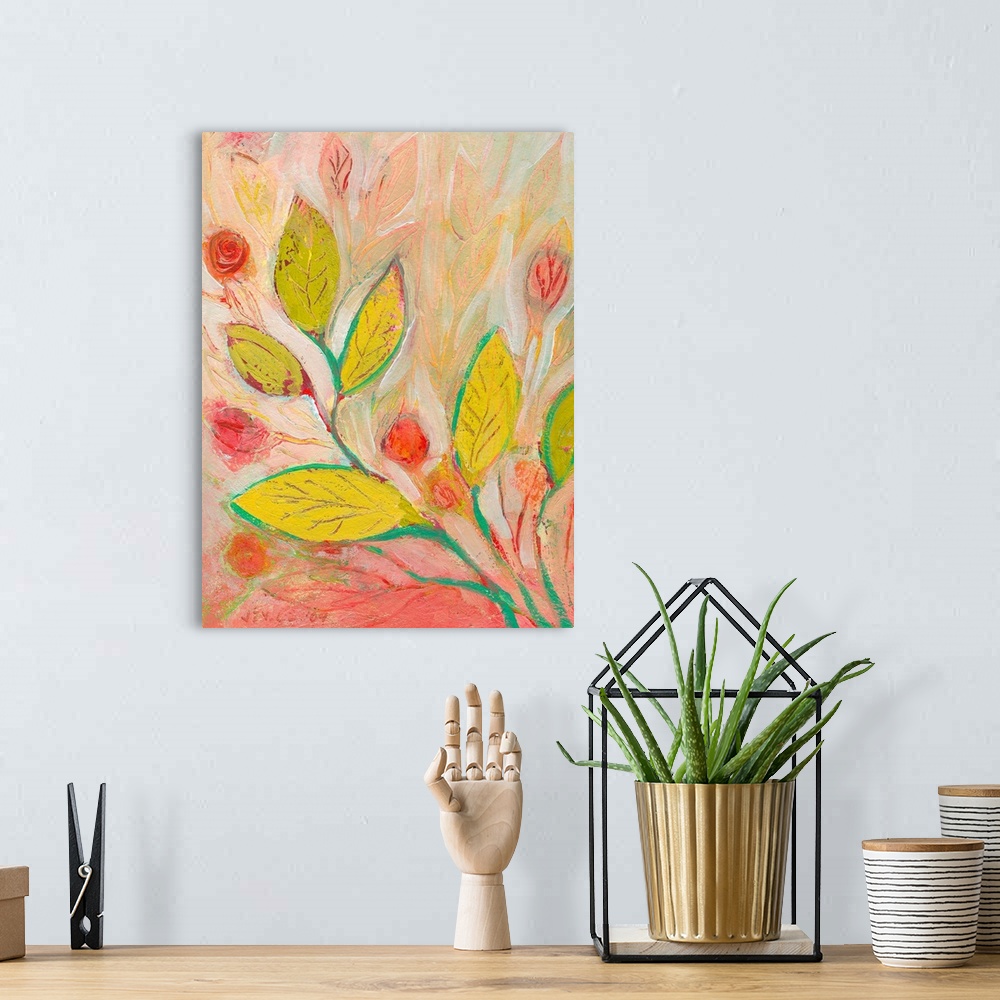 A bohemian room featuring Vertical, floral painting on large canvas of a large branch of leaves reaching diagonally from th...