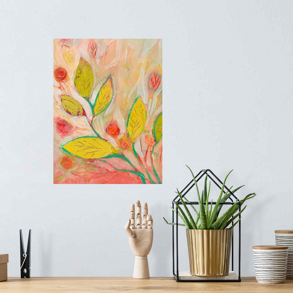 A bohemian room featuring Vertical, floral painting on large canvas of a large branch of leaves reaching diagonally from th...
