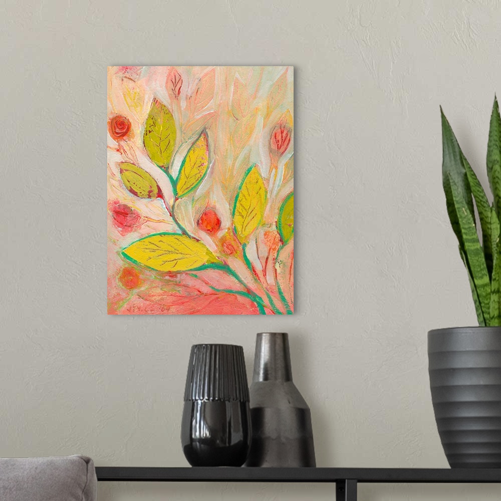 A modern room featuring Vertical, floral painting on large canvas of a large branch of leaves reaching diagonally from th...