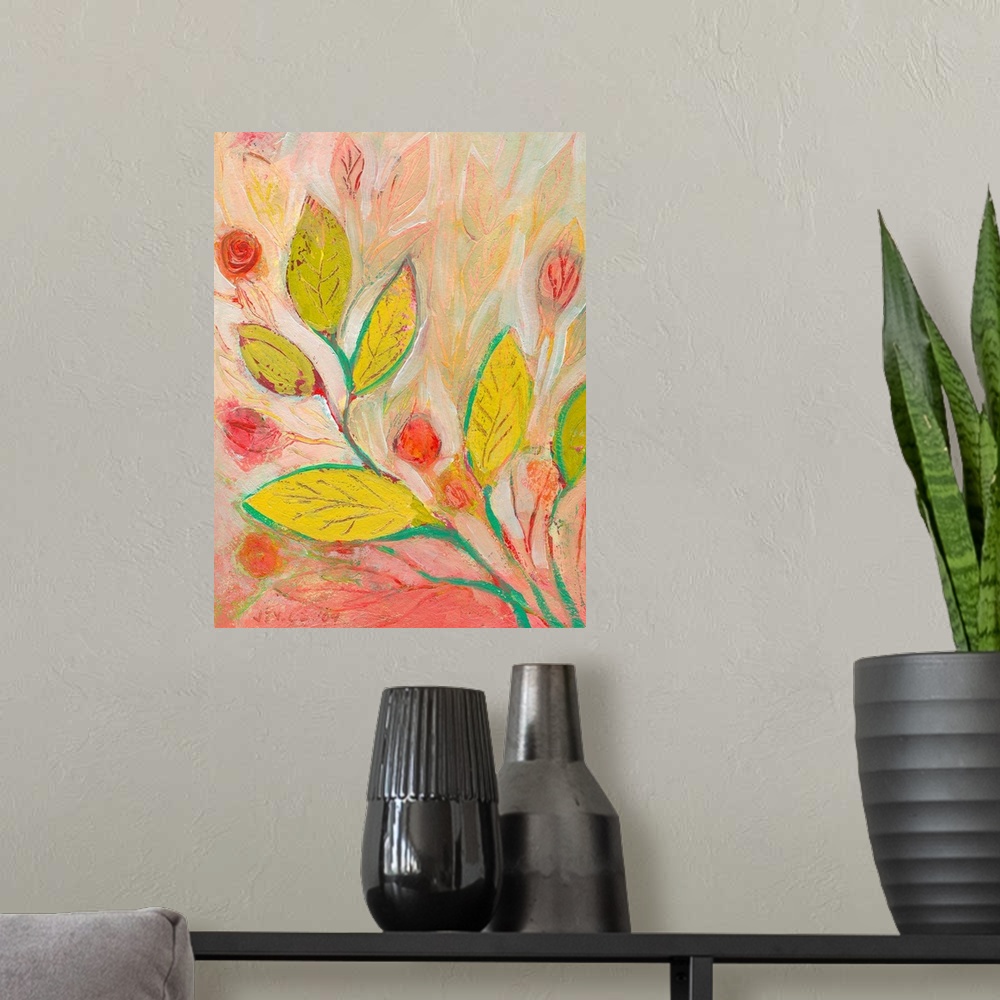 A modern room featuring Vertical, floral painting on large canvas of a large branch of leaves reaching diagonally from th...