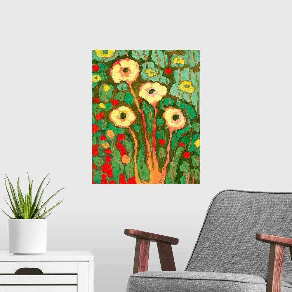 A modern room featuring This vertical decorative accent is a nature scene of floral bouquets depicted with an abstract pa...