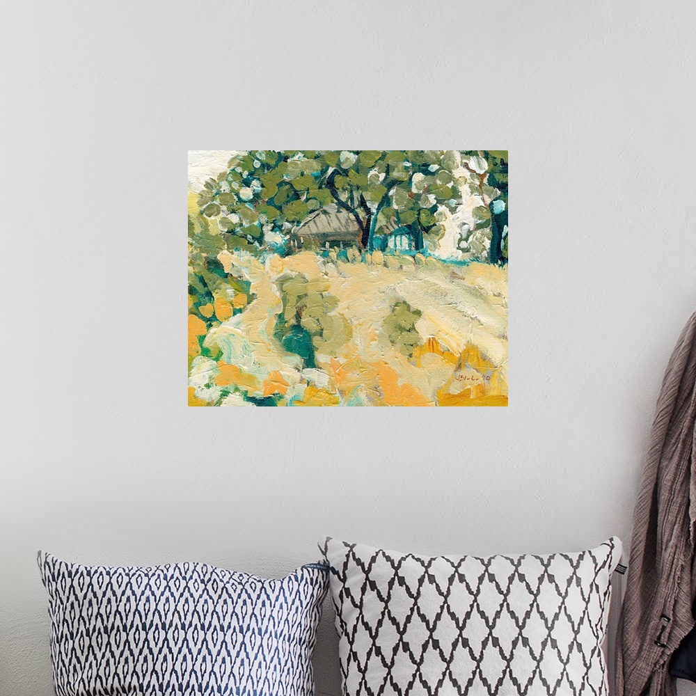 A bohemian room featuring Contemporary abstract painting of cottage in the forest.  Textured circular paint daubs packed to...