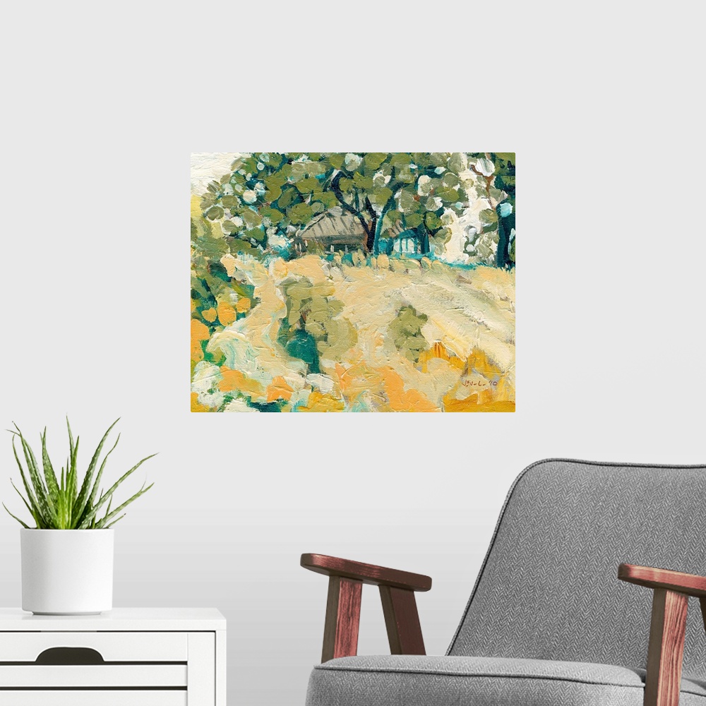 A modern room featuring Contemporary abstract painting of cottage in the forest.  Textured circular paint daubs packed to...