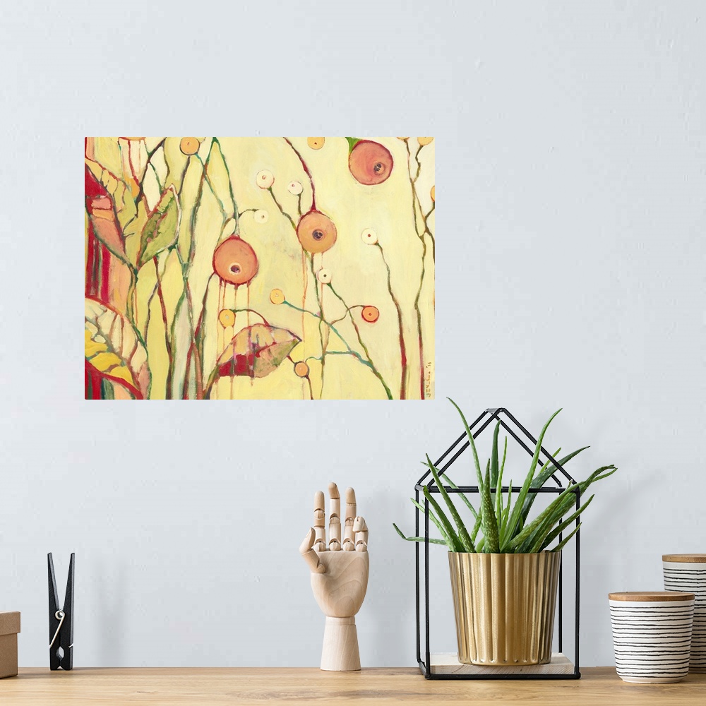 A bohemian room featuring A piece of contemporary artwork showing flowers that are bent over and have the paint dripping down.
