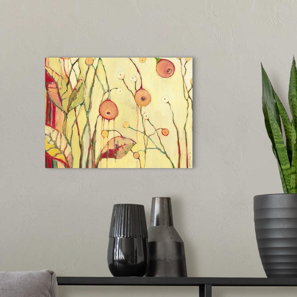 A modern room featuring A piece of contemporary artwork showing flowers that are bent over and have the paint dripping down.