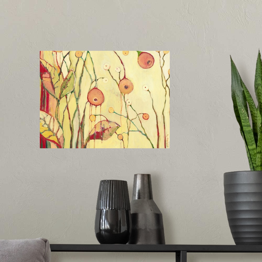 A modern room featuring A piece of contemporary artwork showing flowers that are bent over and have the paint dripping down.