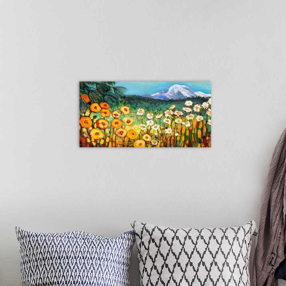 A bohemian room featuring Contemporary painting of a Washington landscape with poppies and other wildflowers in the foregro...