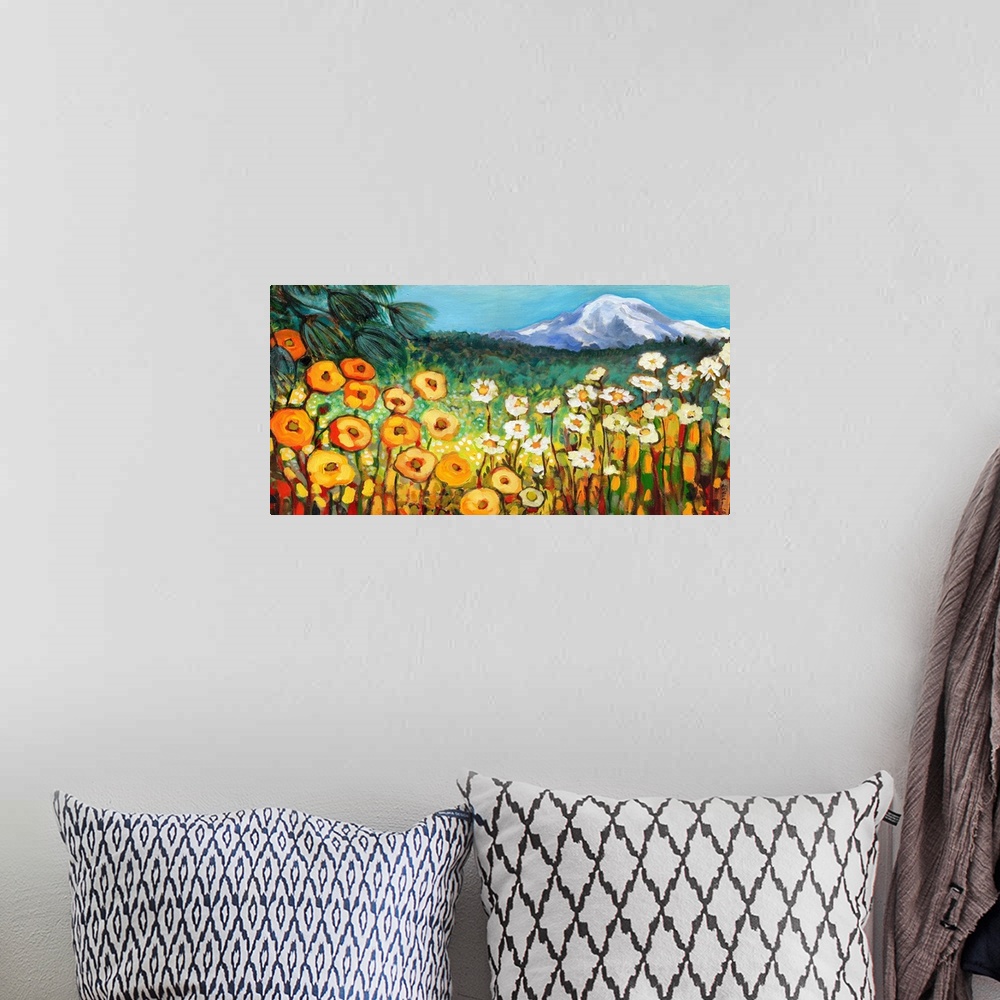 A bohemian room featuring Contemporary painting of a Washington landscape with poppies and other wildflowers in the foregro...