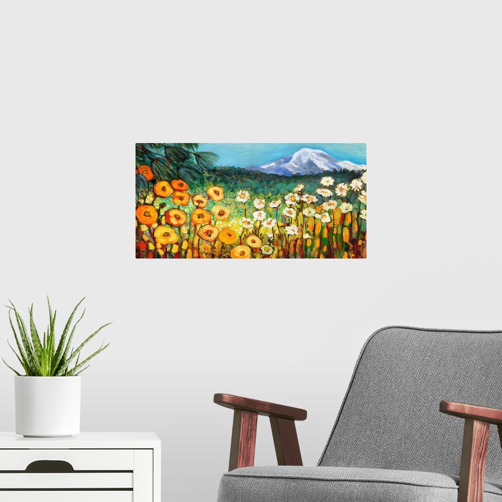 A modern room featuring Contemporary painting of a Washington landscape with poppies and other wildflowers in the foregro...