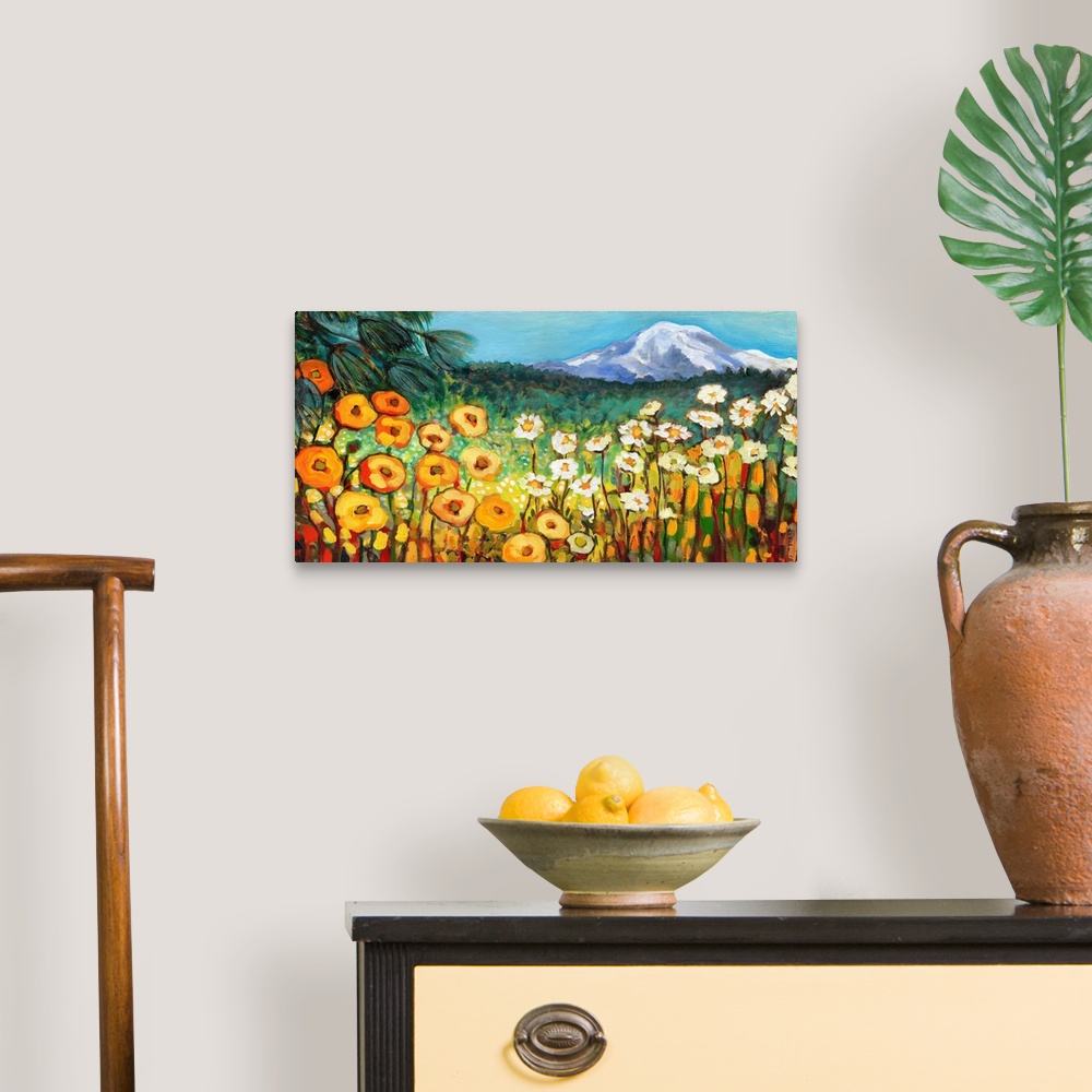 A traditional room featuring Contemporary painting of a Washington landscape with poppies and other wildflowers in the foregro...