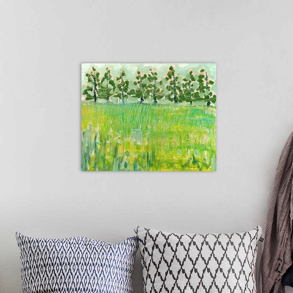 A bohemian room featuring This large painting consists of a field with the grass painted in various textures and darker tre...