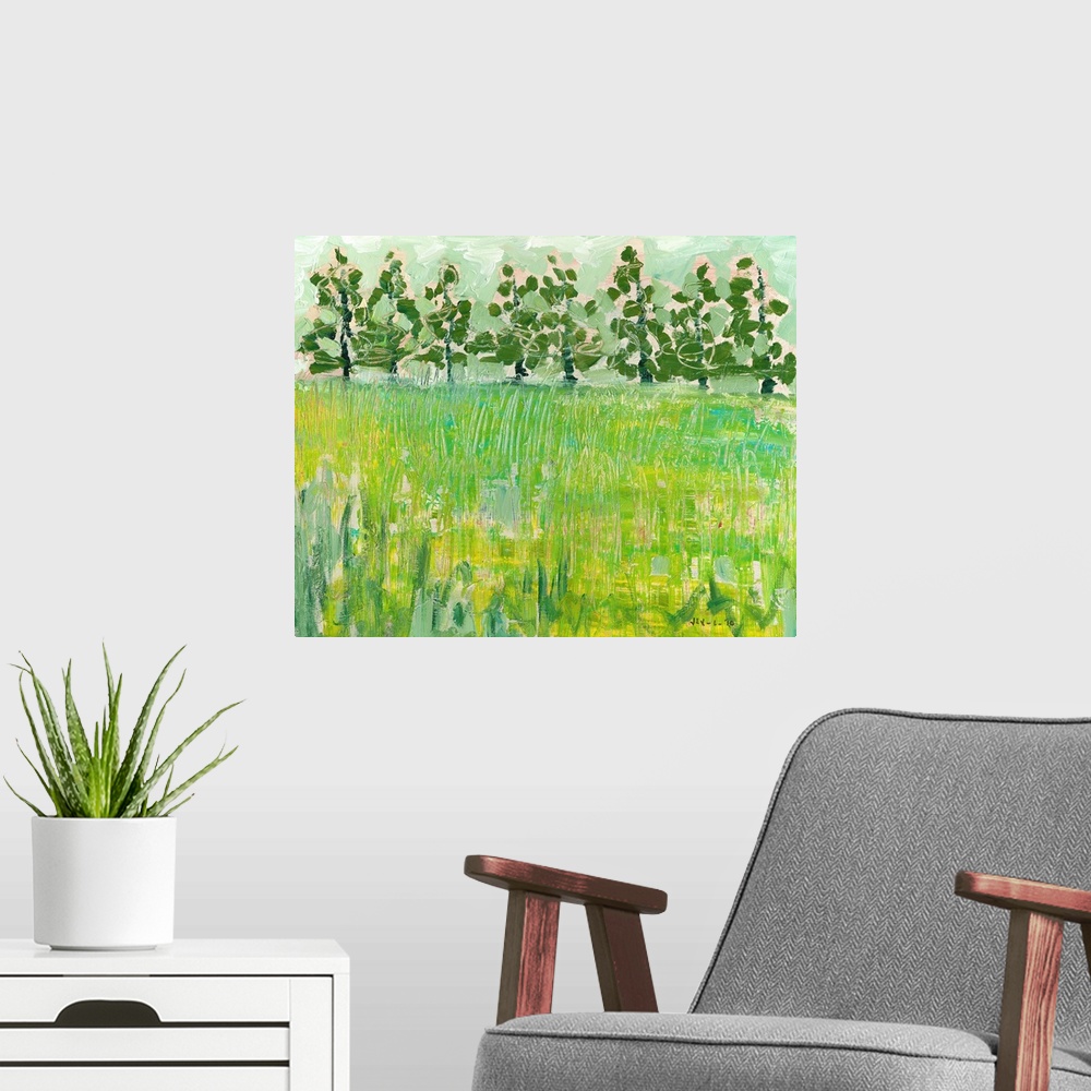 A modern room featuring This large painting consists of a field with the grass painted in various textures and darker tre...
